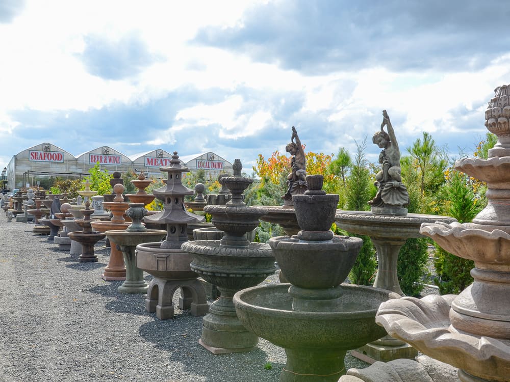 Rows of fountains at the wholesale nursery