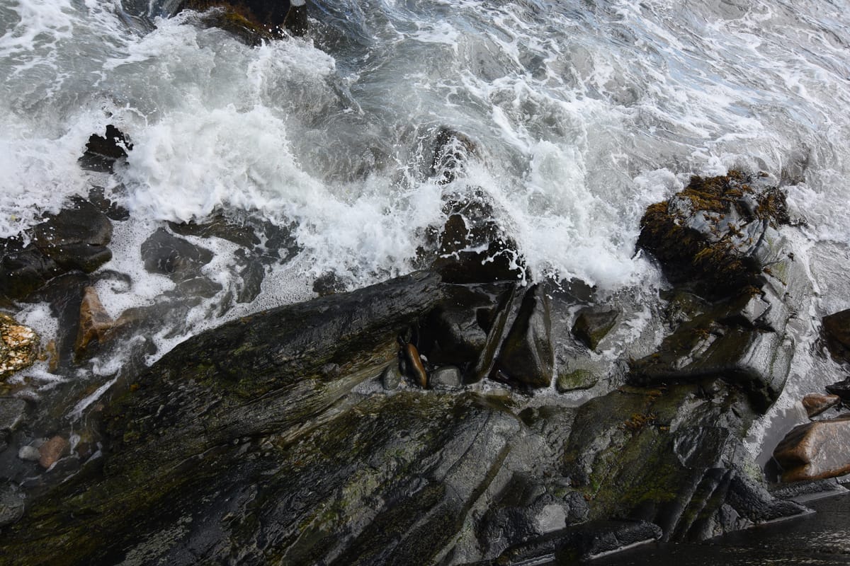 Waves crashing on dark rocks
